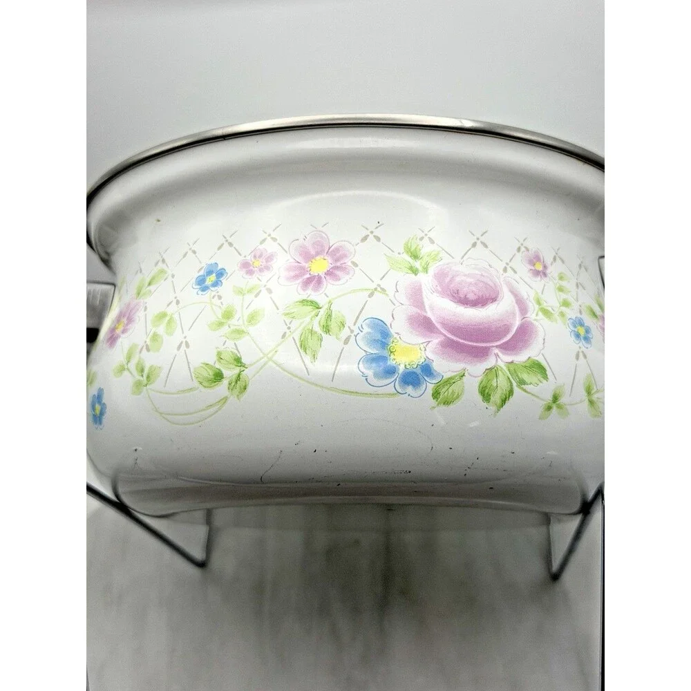 Vintage Sanko Ware Enamel Casserole Saucepan Pink Rose Floral Japan 7.5